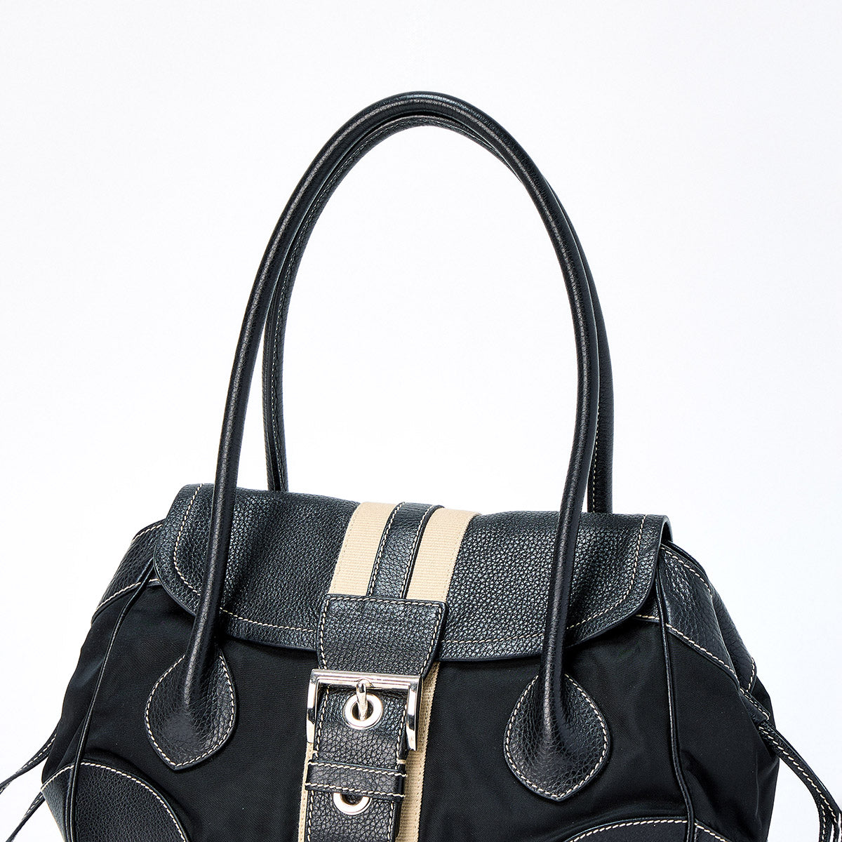 PRADA Triangle Shoulder Bag Black Beige Silver Tessuto Auth