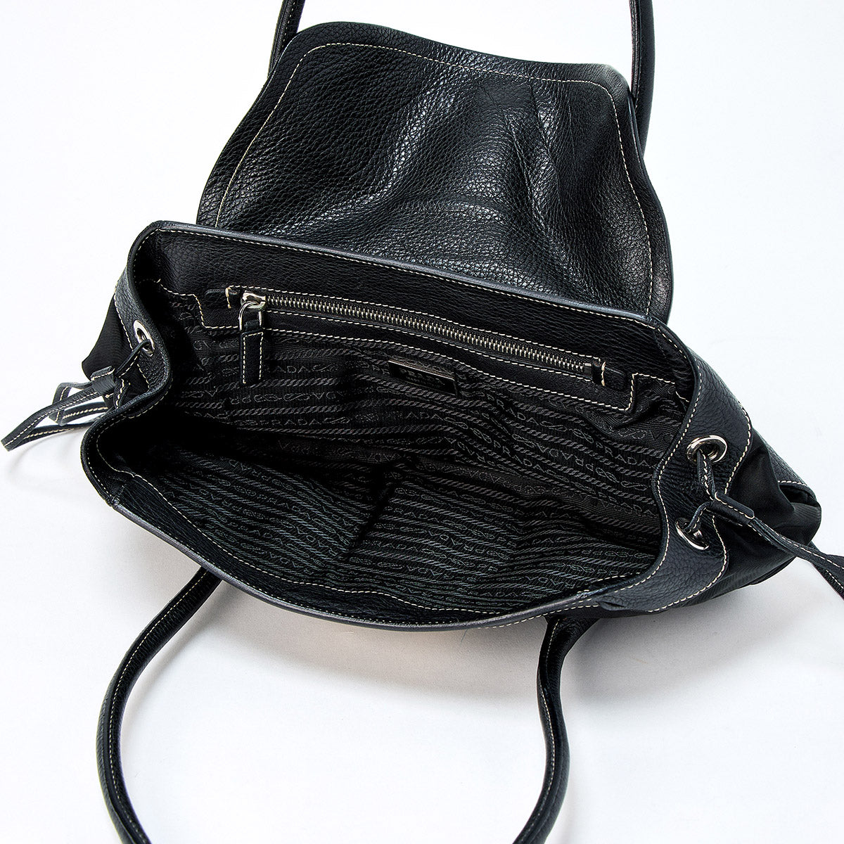 PRADA Triangle Shoulder Bag Black Beige Silver Tessuto Auth