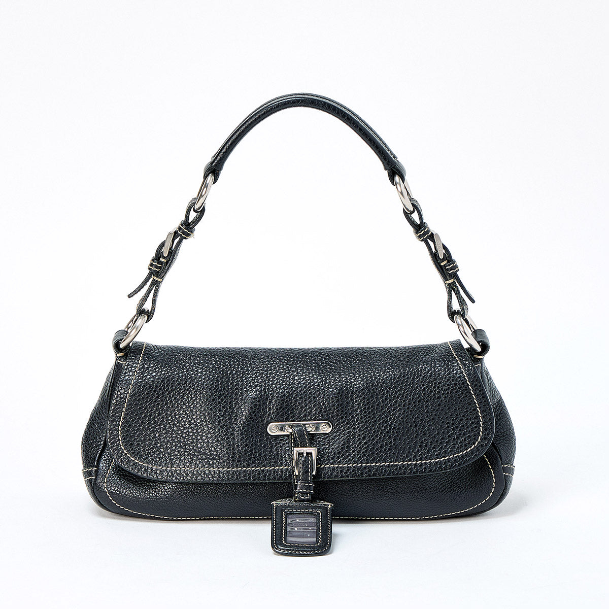 PRADA Triangle Shoulder Bag BR2074 Black Silver Leather Auth