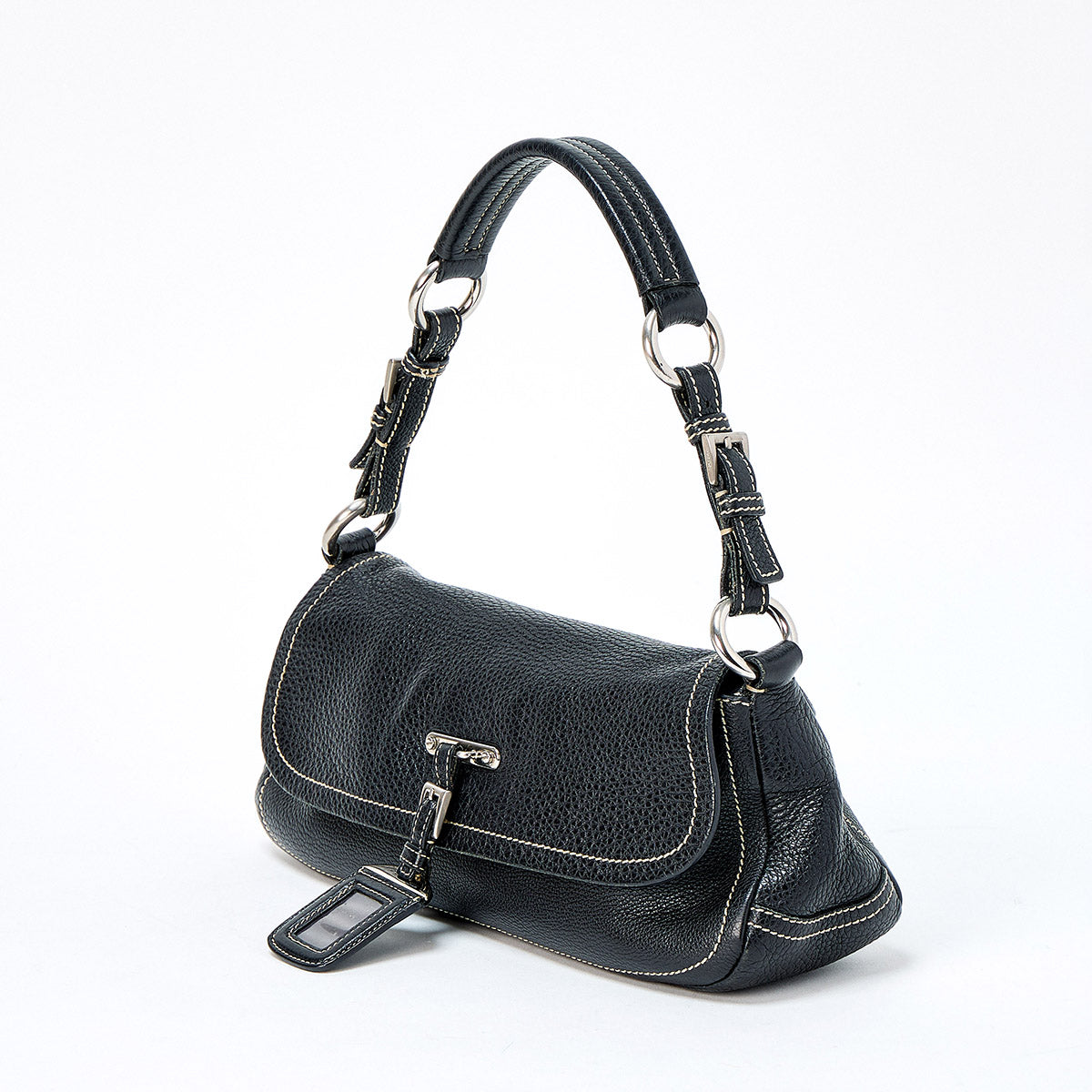 PRADA Triangle Shoulder Bag BR2074 Black Silver Leather Auth