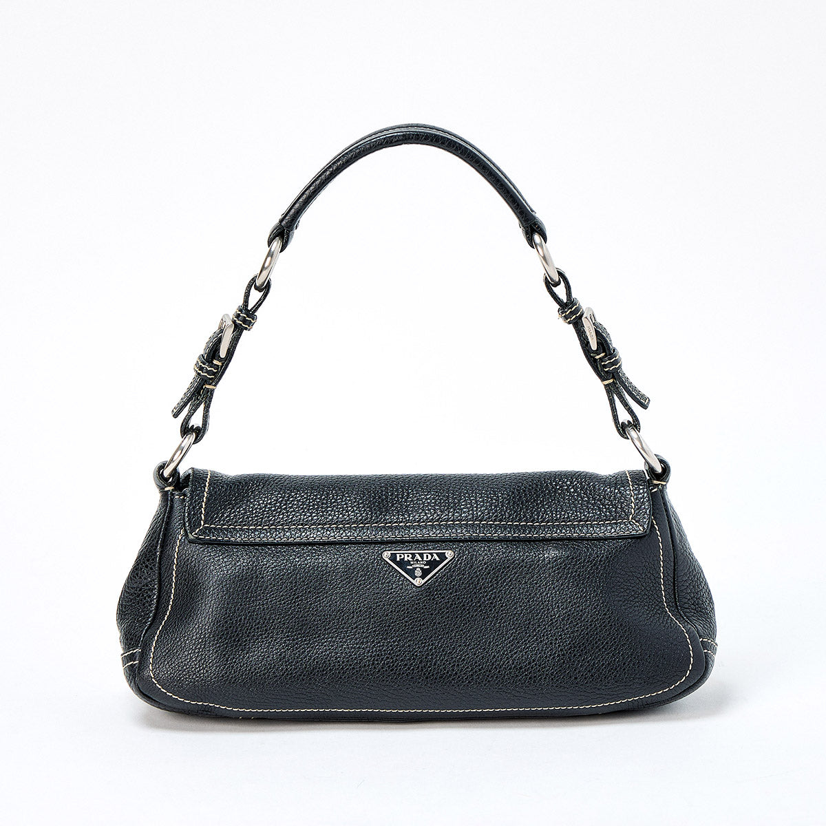 PRADA Triangle Shoulder Bag BR2074 Black Silver Leather Auth