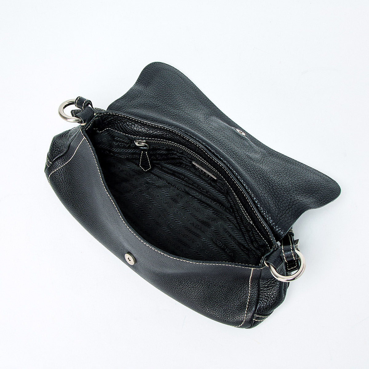 PRADA Triangle Shoulder Bag BR2074 Black Silver Leather Auth