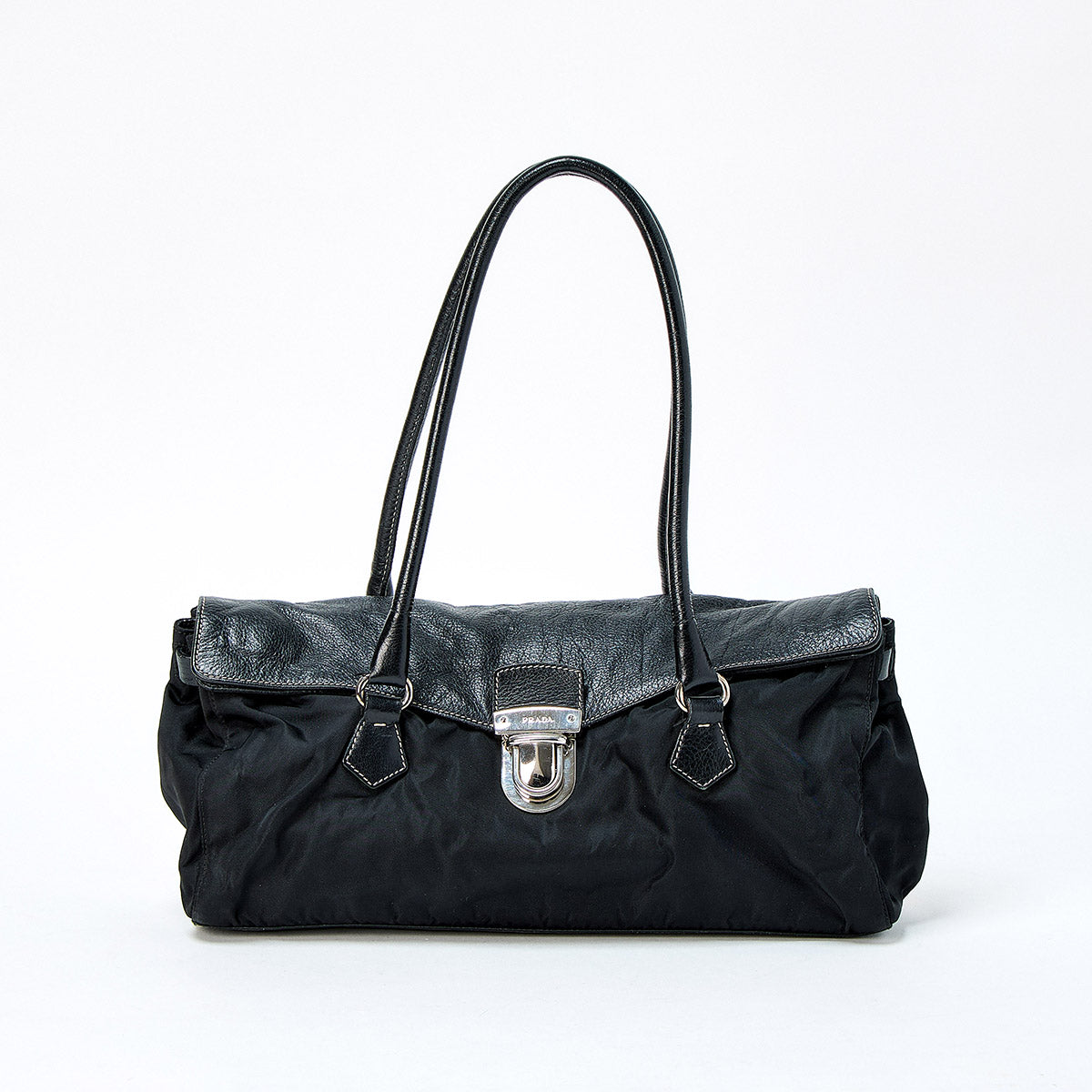 PRADA Triangle Shoulder Bag Black Silver Tessuto Auth