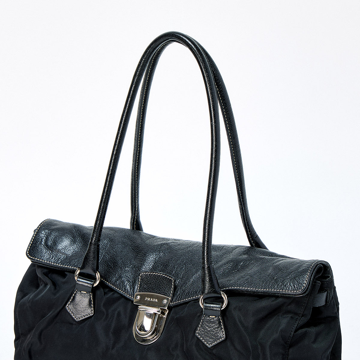 PRADA Triangle Shoulder Bag Black Silver Tessuto Auth