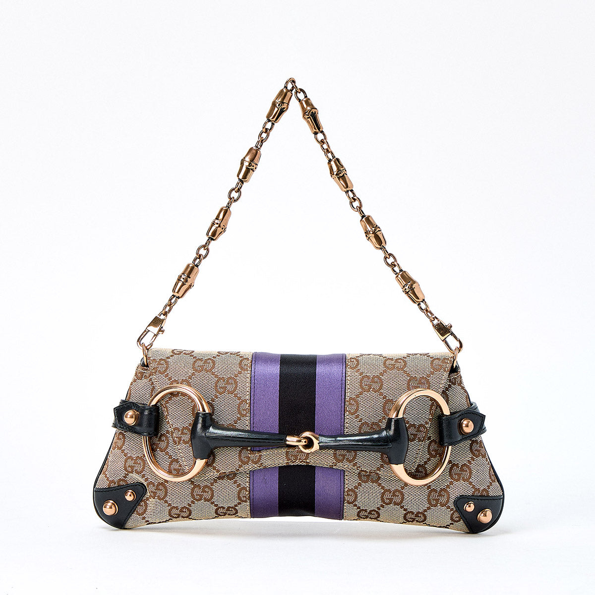 GUCCI Horsebit Shoulder Bag Beige Purple Black Gold Canvas Auth
