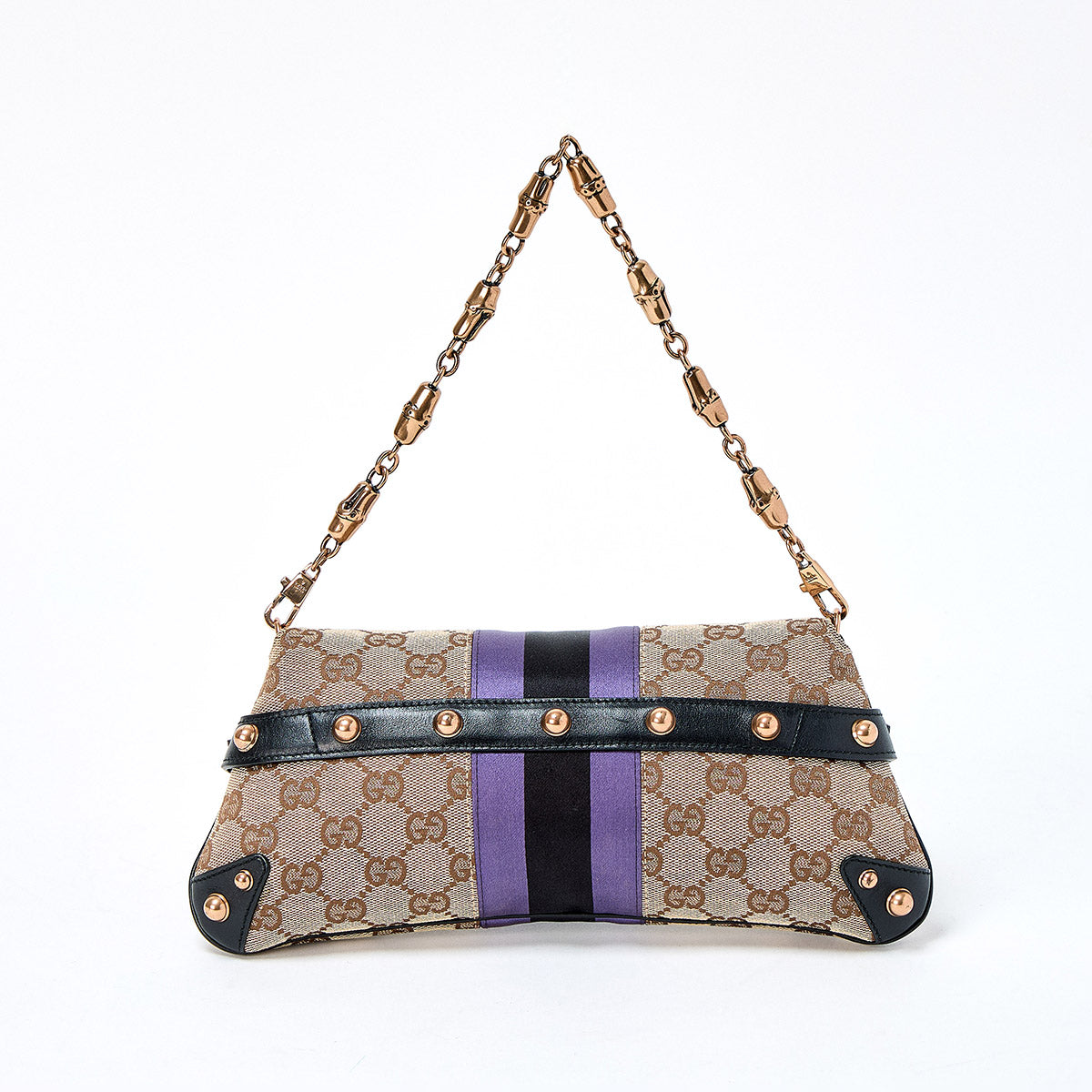 GUCCI Horsebit Shoulder Bag Beige Purple Black Gold Canvas Auth