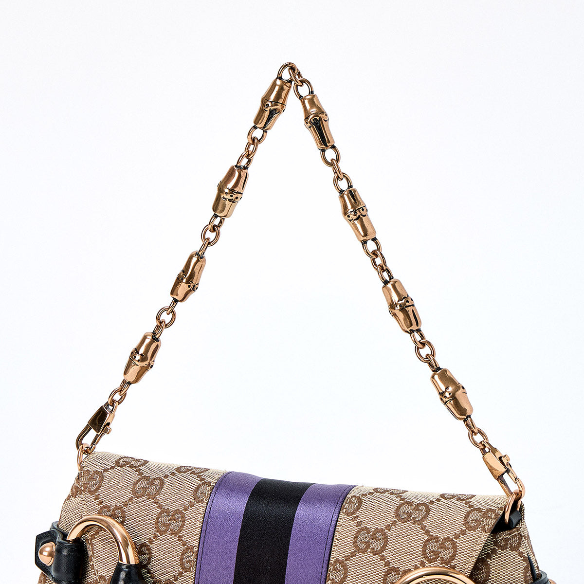 GUCCI Horsebit Shoulder Bag Beige Purple Black Gold Canvas Auth