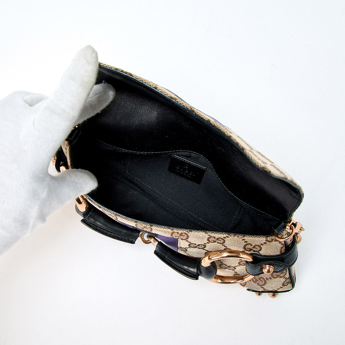 GUCCI Horsebit Shoulder Bag Beige Purple Black Gold Canvas Auth
