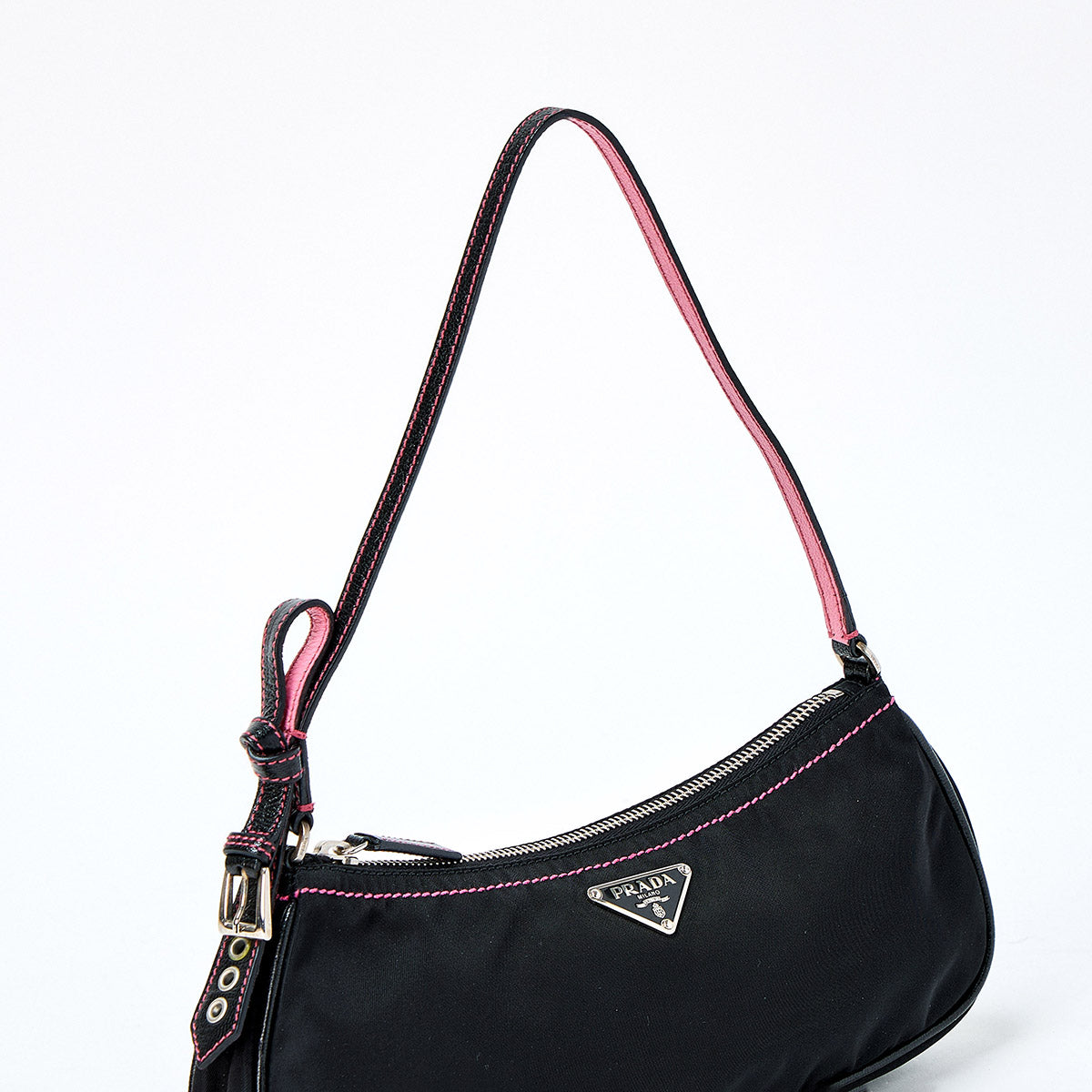 PRADA Triangle Shoulder Bag Black Pink Silver Tessuto Auth