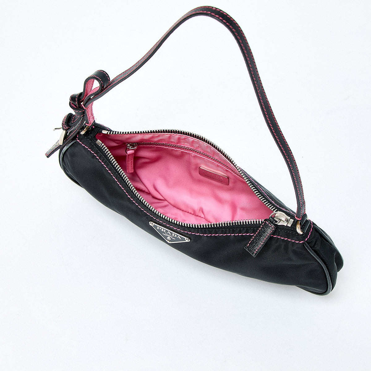 PRADA Triangle Shoulder Bag Black Pink Silver Tessuto Auth