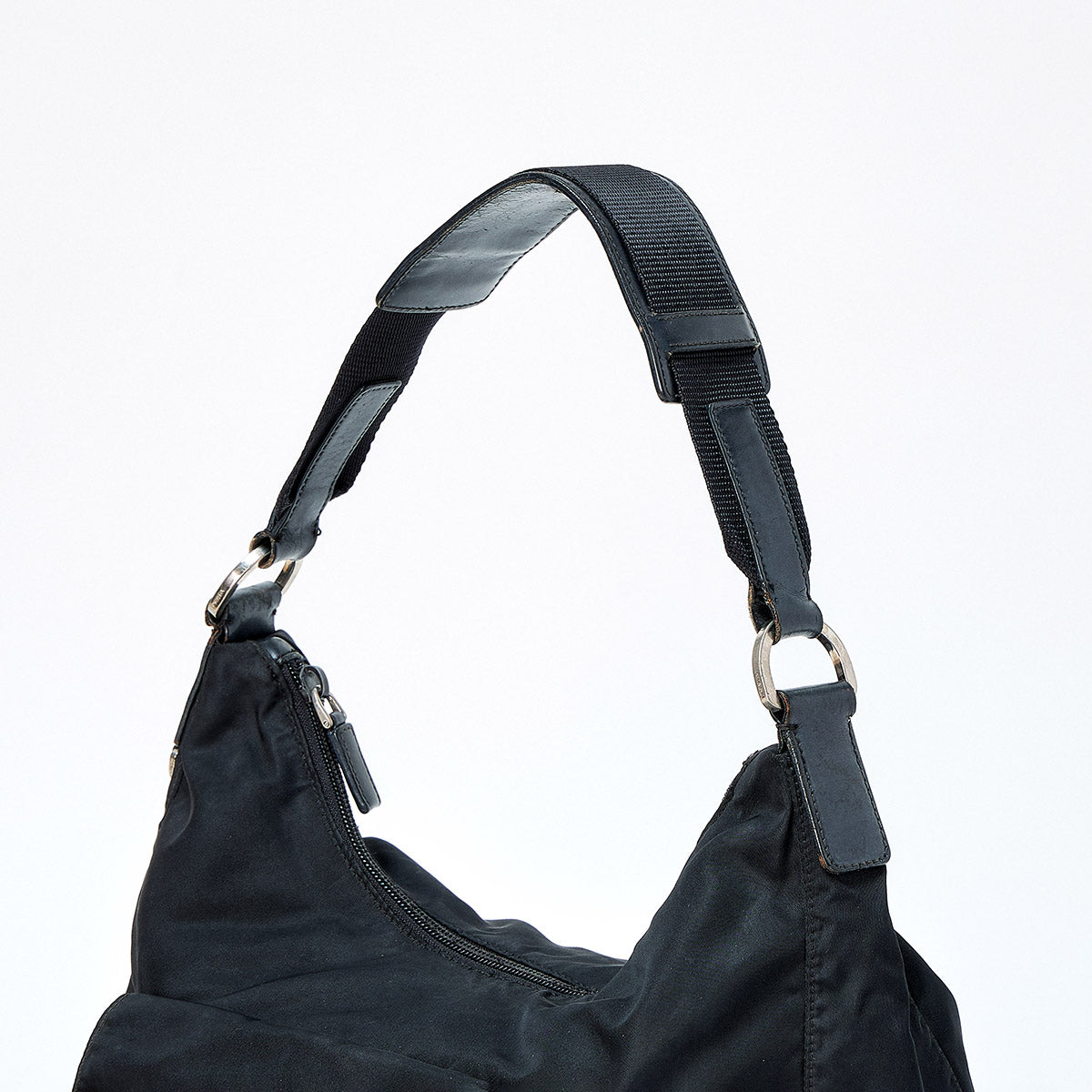 PRADA Triangle Shoulder Bag Black Silver Tessuto Auth