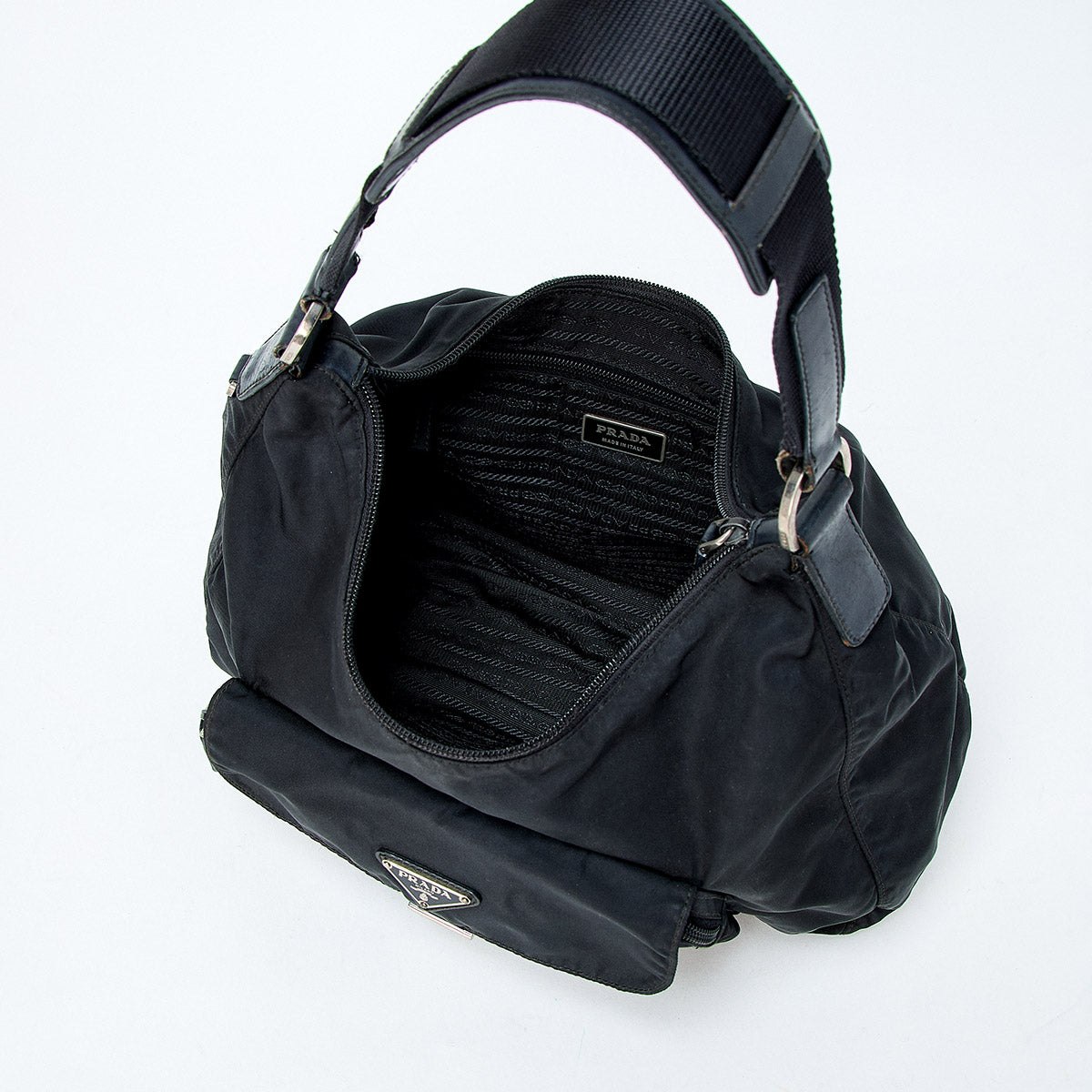 PRADA Triangle Shoulder Bag Black Silver Tessuto Auth