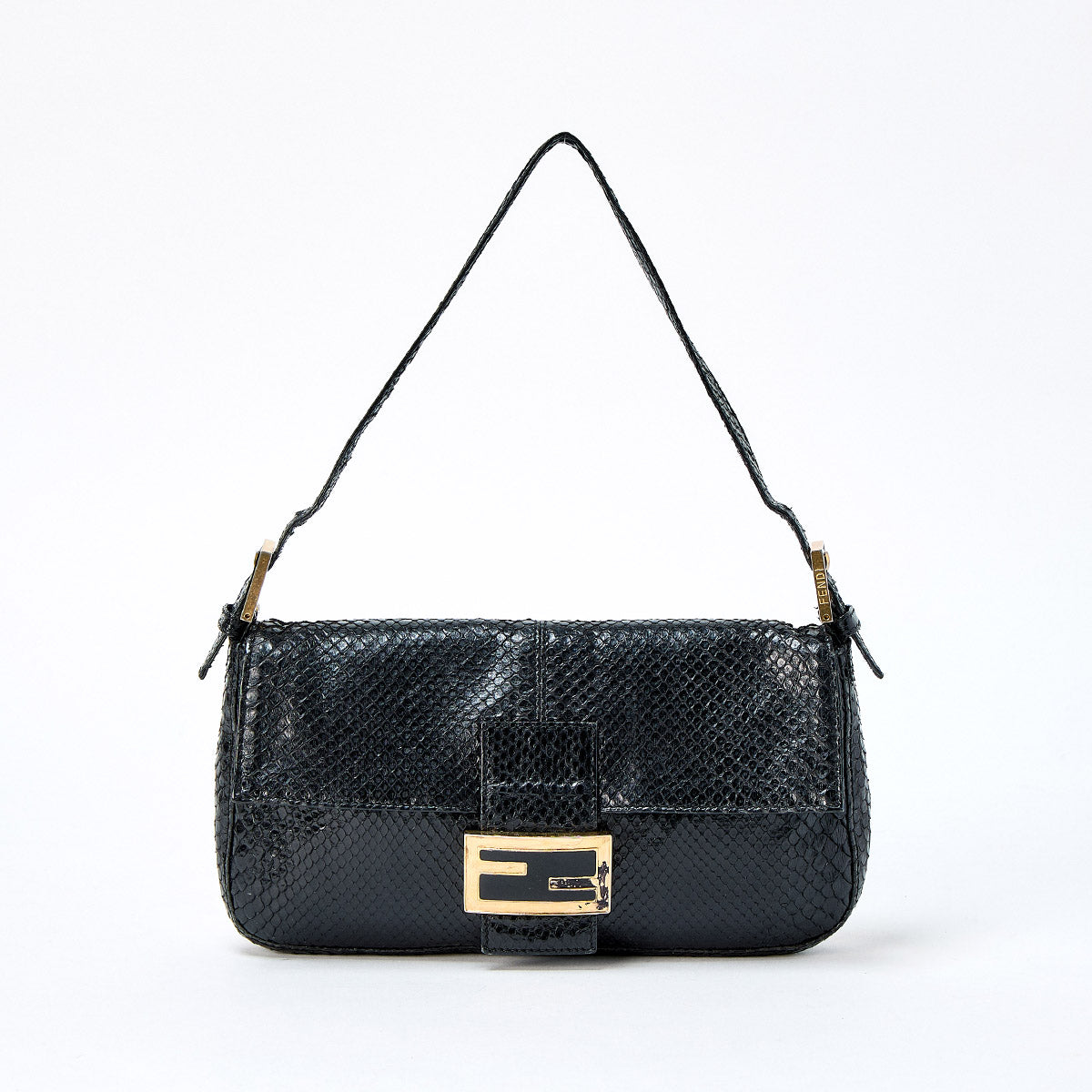 FENDI Mamma Baguette Shoulder Bag Black Gold Python Leather
