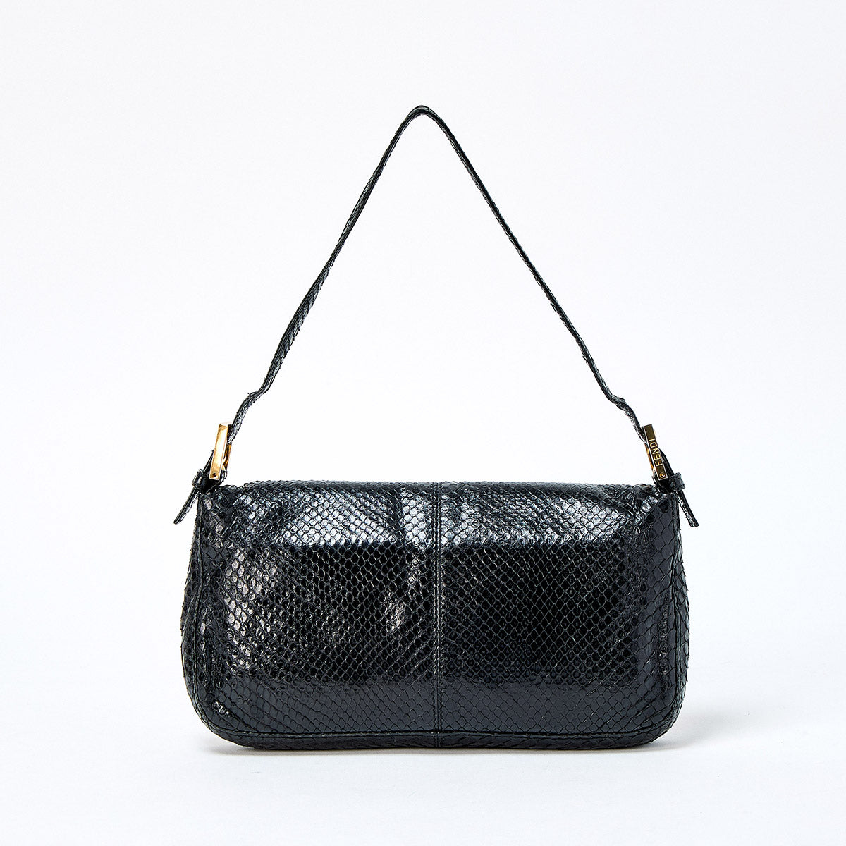FENDI Mamma Baguette Shoulder Bag Black Gold Python Leather
