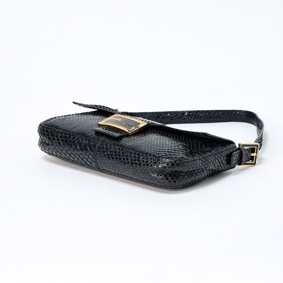 FENDI Mamma Baguette Shoulder Bag Black Gold Python Leather