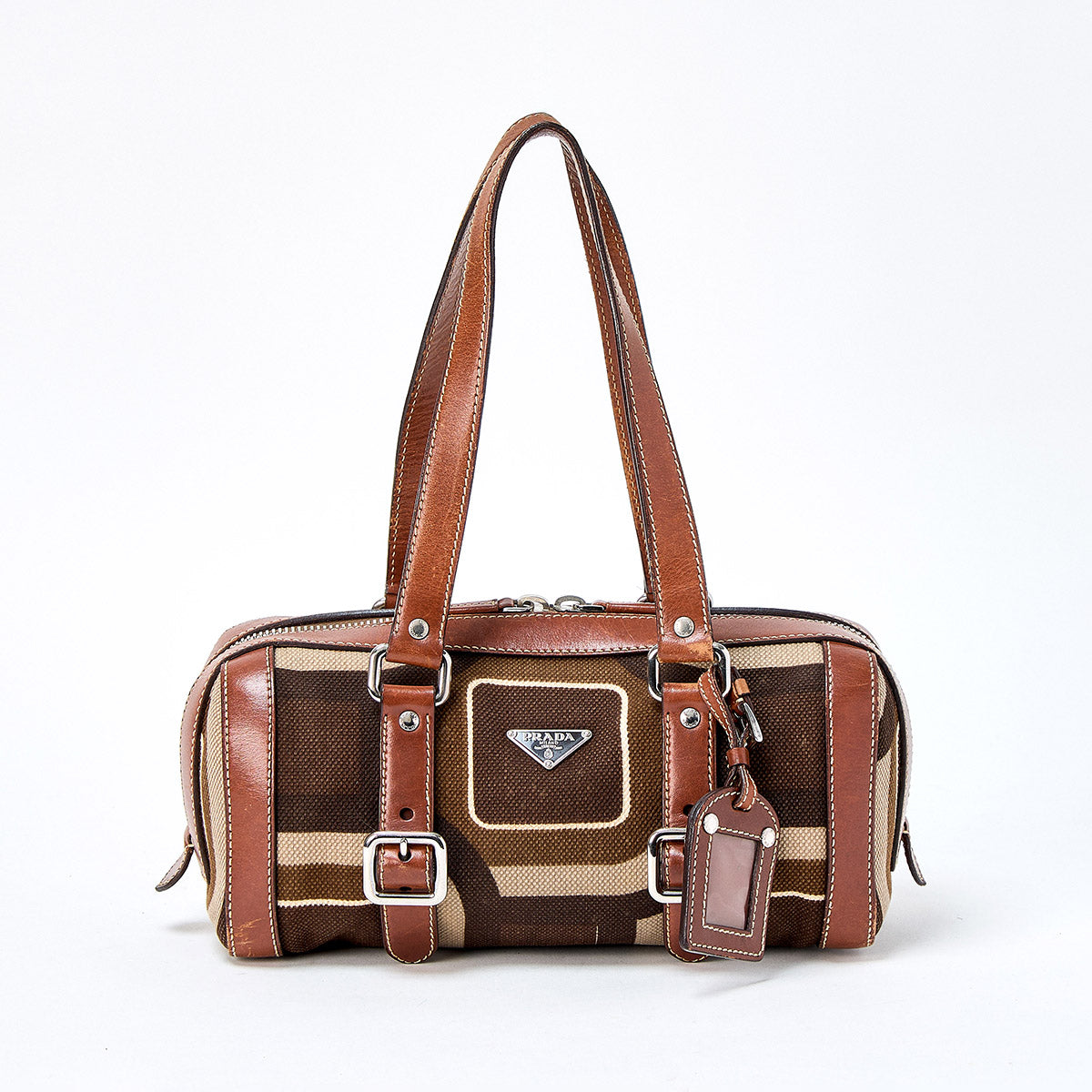 PRADA Triangle Shoulder Bag Brown Silver Canvas Leather Auth