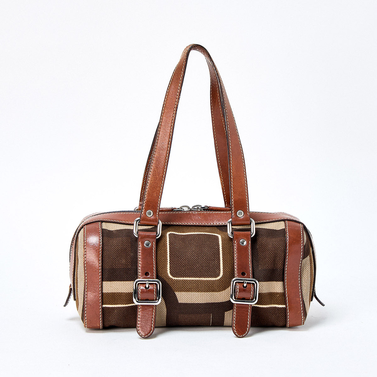 PRADA Triangle Shoulder Bag Brown Silver Canvas Leather Auth