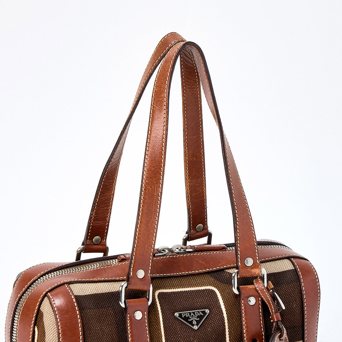 PRADA Triangle Shoulder Bag Brown Silver Canvas Leather Auth