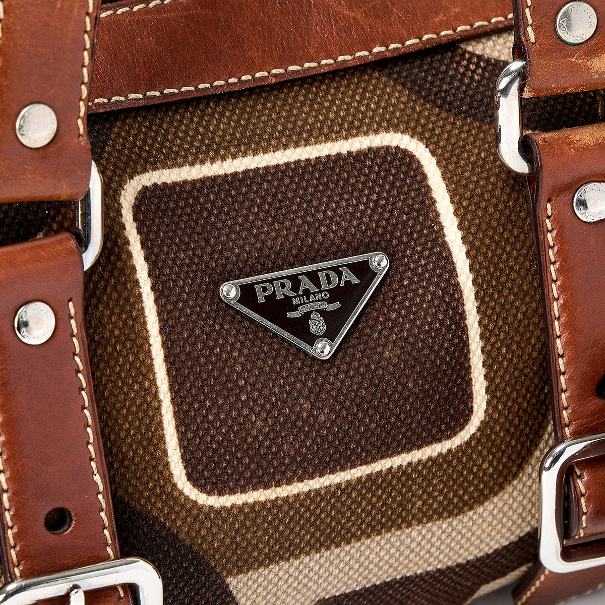 PRADA Triangle Shoulder Bag Brown Silver Canvas Leather Auth