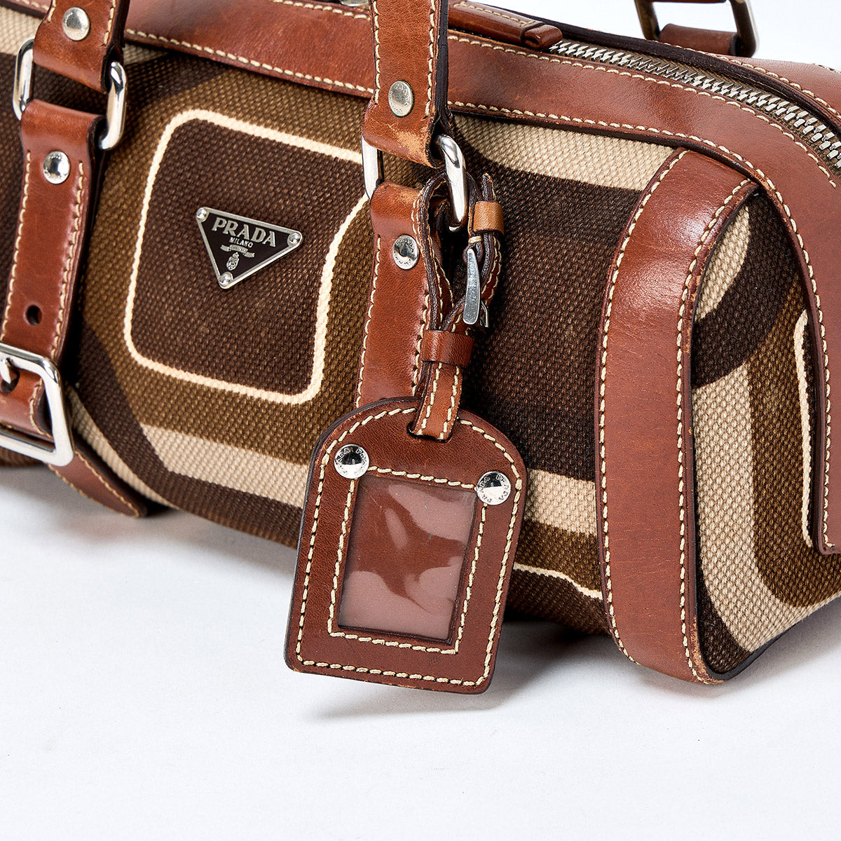 PRADA Triangle Shoulder Bag Brown Silver Canvas Leather Auth