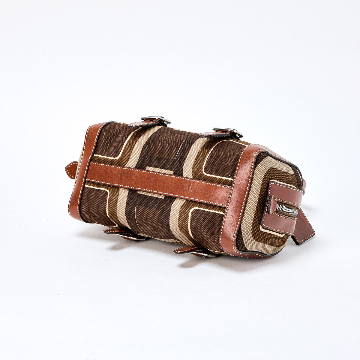 PRADA Triangle Shoulder Bag Brown Silver Canvas Leather Auth