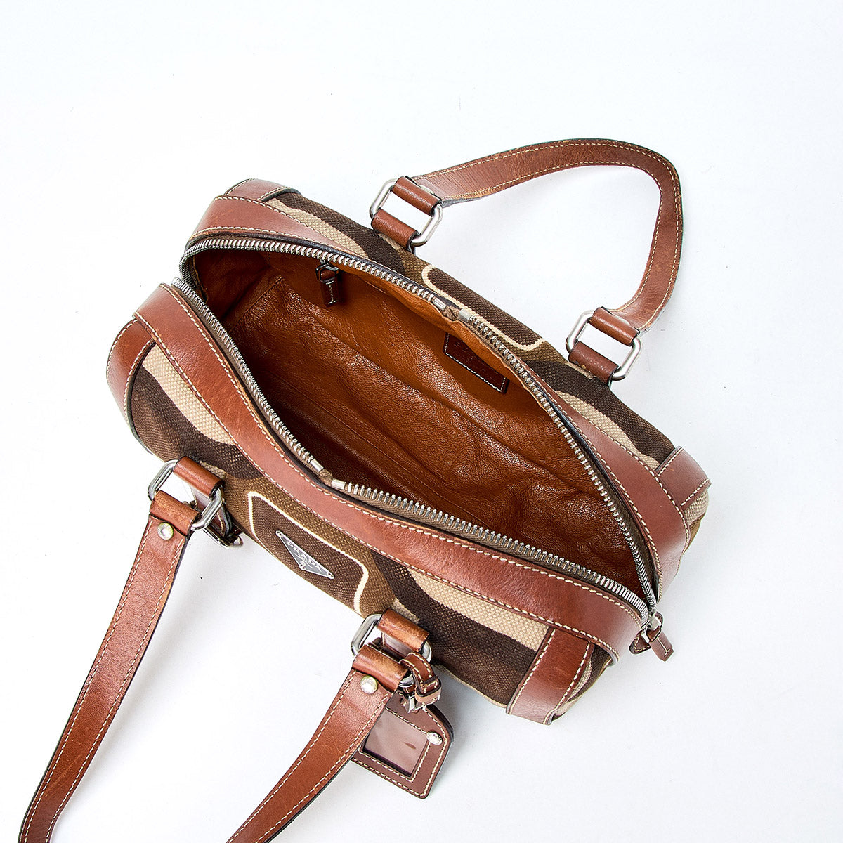 PRADA Triangle Shoulder Bag Brown Silver Canvas Leather Auth