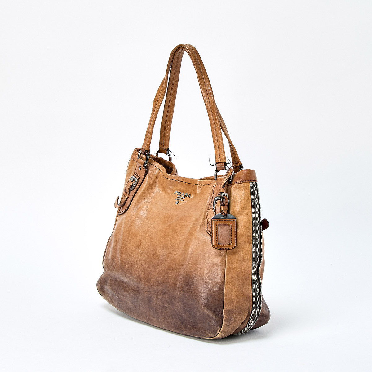 PRADA Zip Around Tote Bag Brown Silver Leather Auth