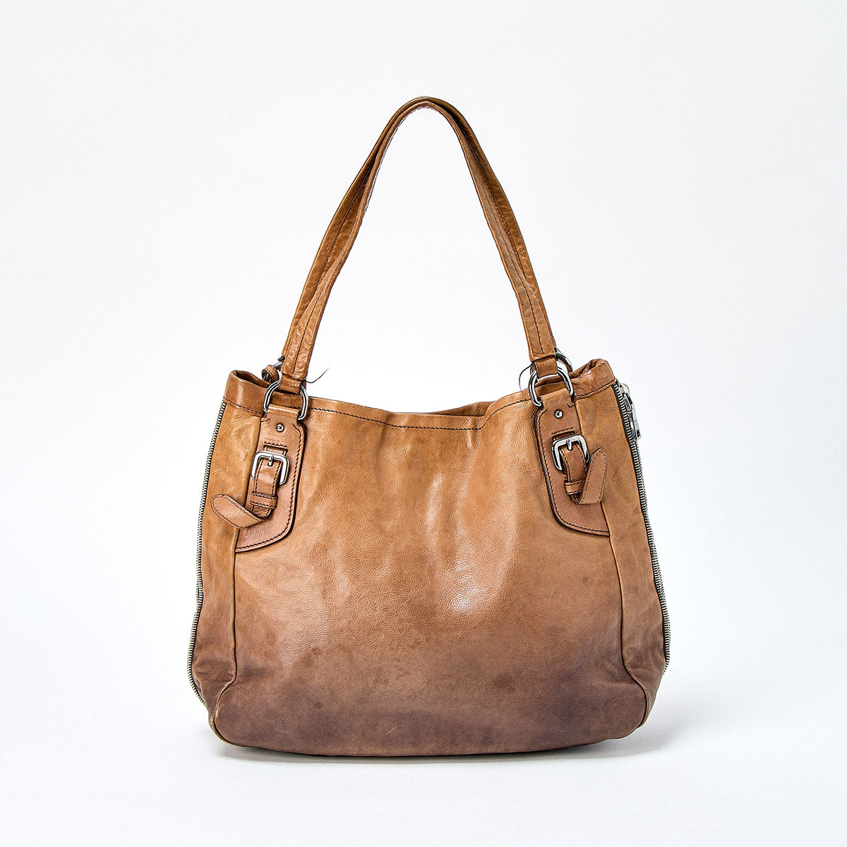 PRADA Zip Around Tote Bag Brown Silver Leather Auth