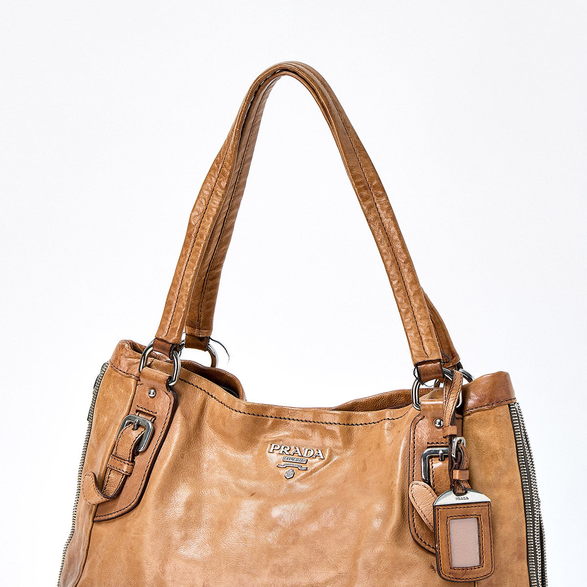 PRADA Zip Around Tote Bag Brown Silver Leather Auth