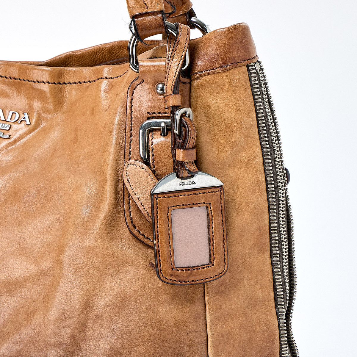 PRADA Zip Around Tote Bag Brown Silver Leather Auth