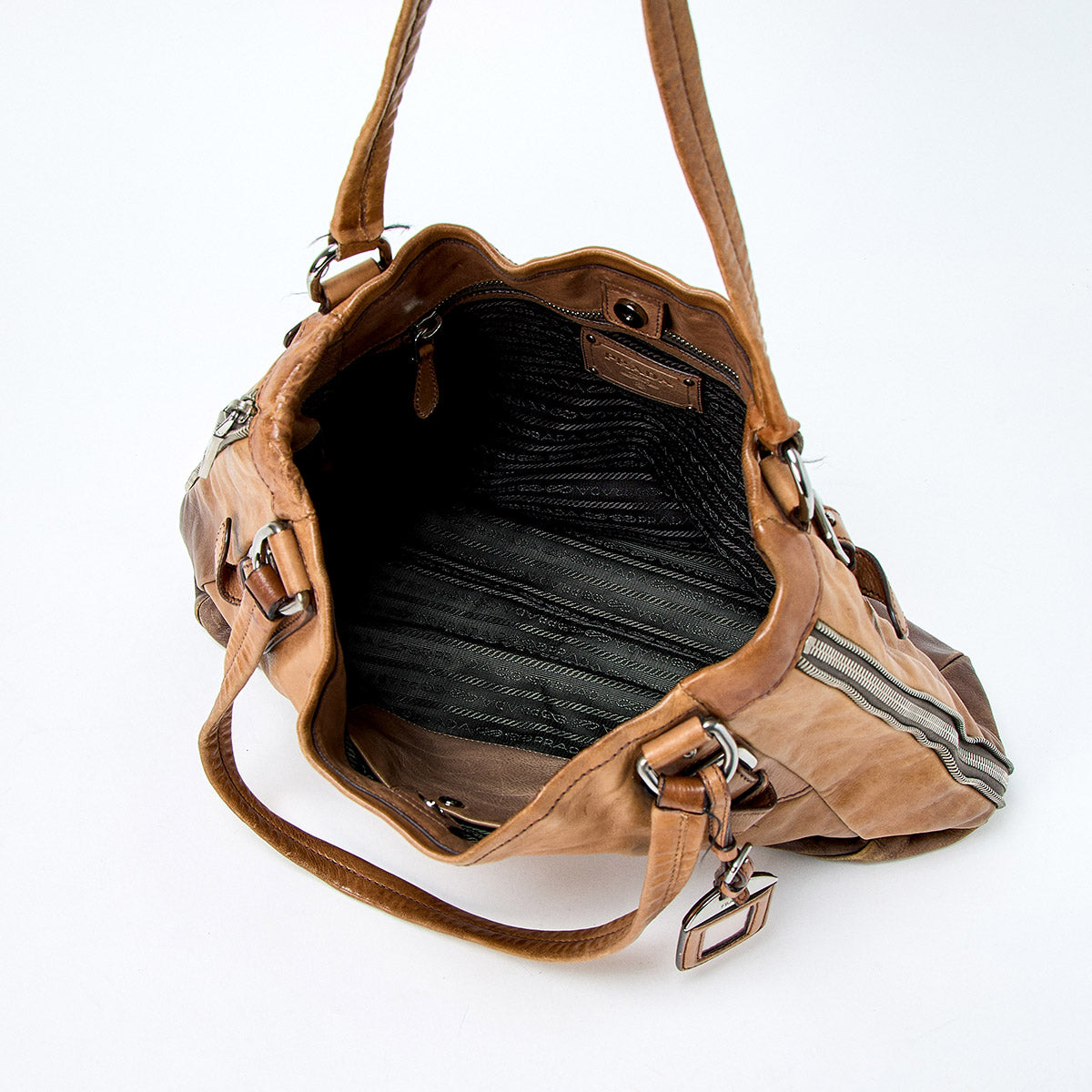 PRADA Zip Around Tote Bag Brown Silver Leather Auth