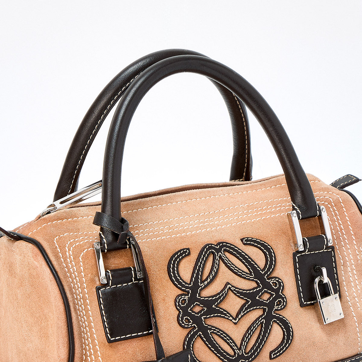 LOEWE Amazona Hand Bag Beige Brown Silver Suede Auth