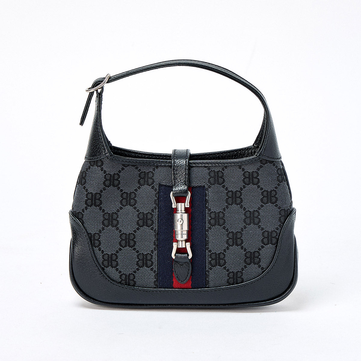 BALENCIAGAxGUCCI Jackie Hand Bag Black Red Silver BB Canvas Leather Auth