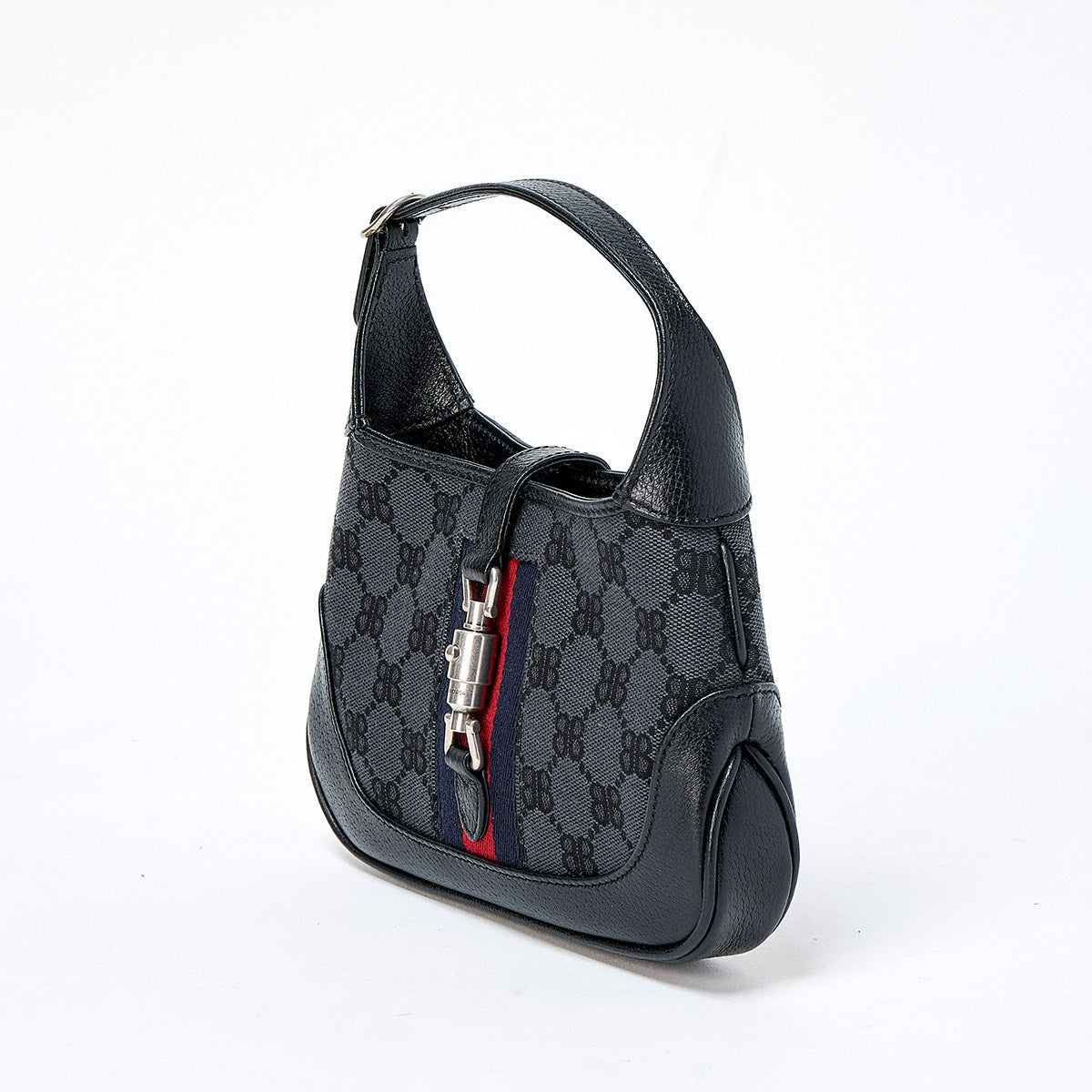 BALENCIAGAxGUCCI Jackie Hand Bag Black Red Silver BB Canvas Leather Auth