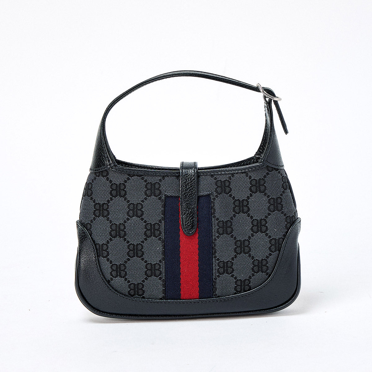 BALENCIAGAxGUCCI Jackie Hand Bag Black Red Silver BB Canvas Leather Auth