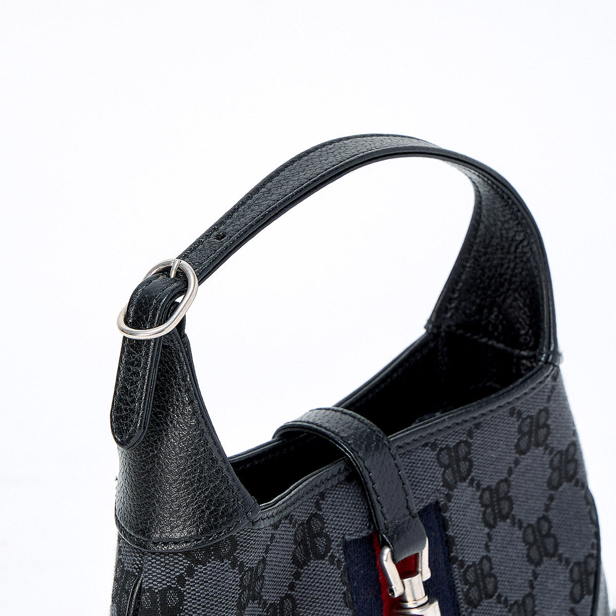 BALENCIAGAxGUCCI Jackie Hand Bag Black Red Silver BB Canvas Leather Auth