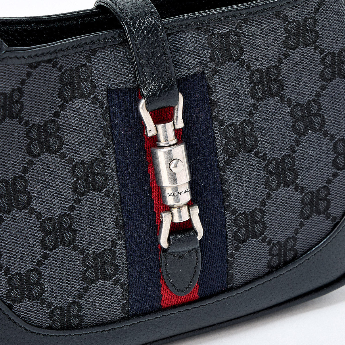 BALENCIAGAxGUCCI Jackie Hand Bag Black Red Silver BB Canvas Leather Auth