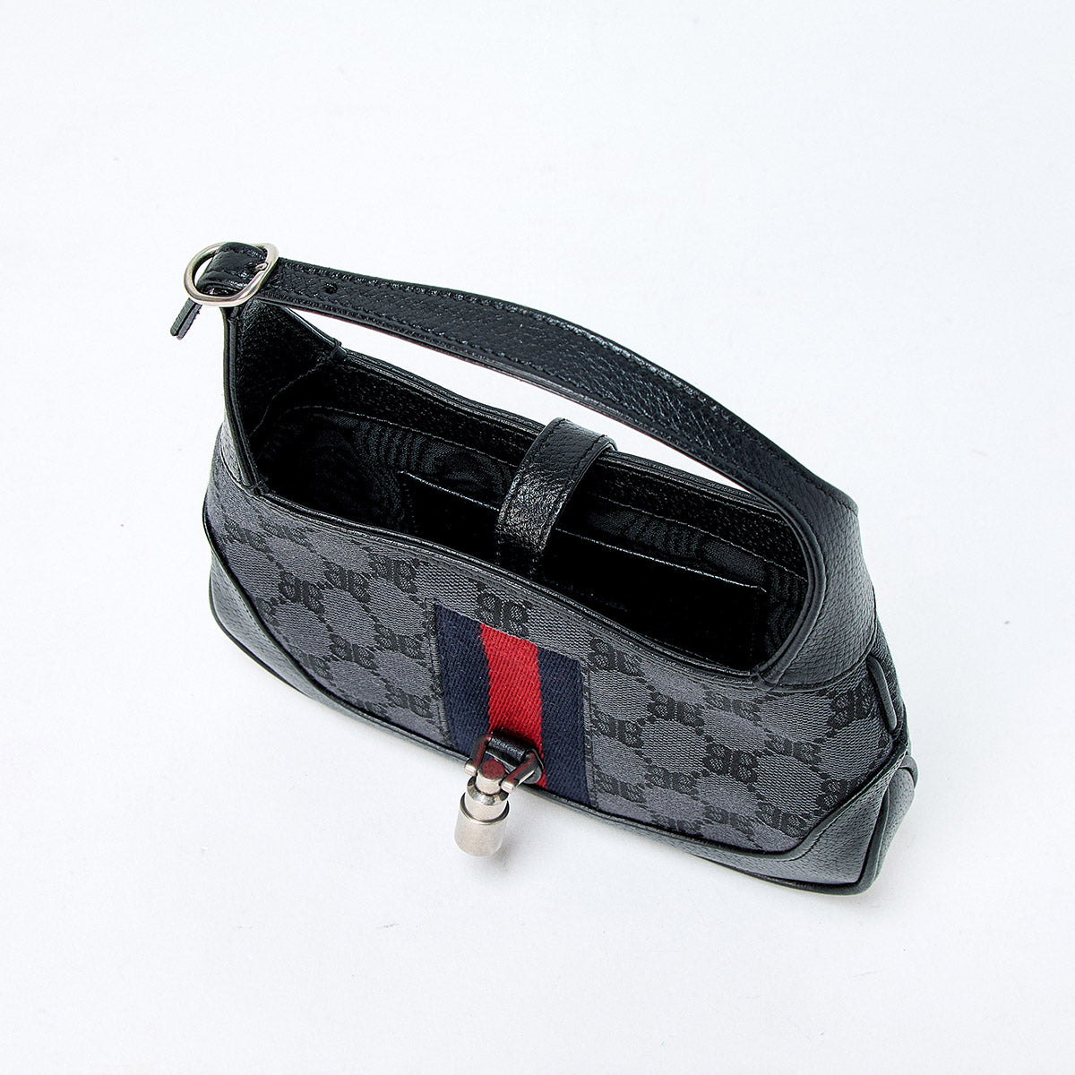 BALENCIAGAxGUCCI Jackie Hand Bag Black Red Silver BB Canvas Leather Auth
