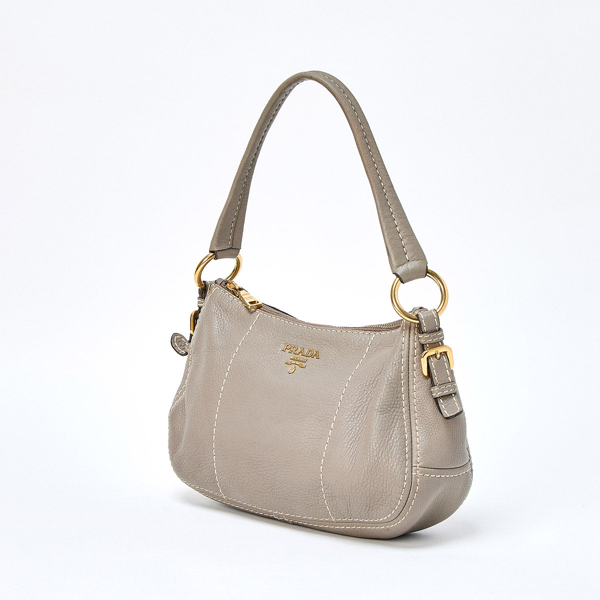 PRADA Logo Shoulder Bag BR4690 Greige Gold Leather Auth