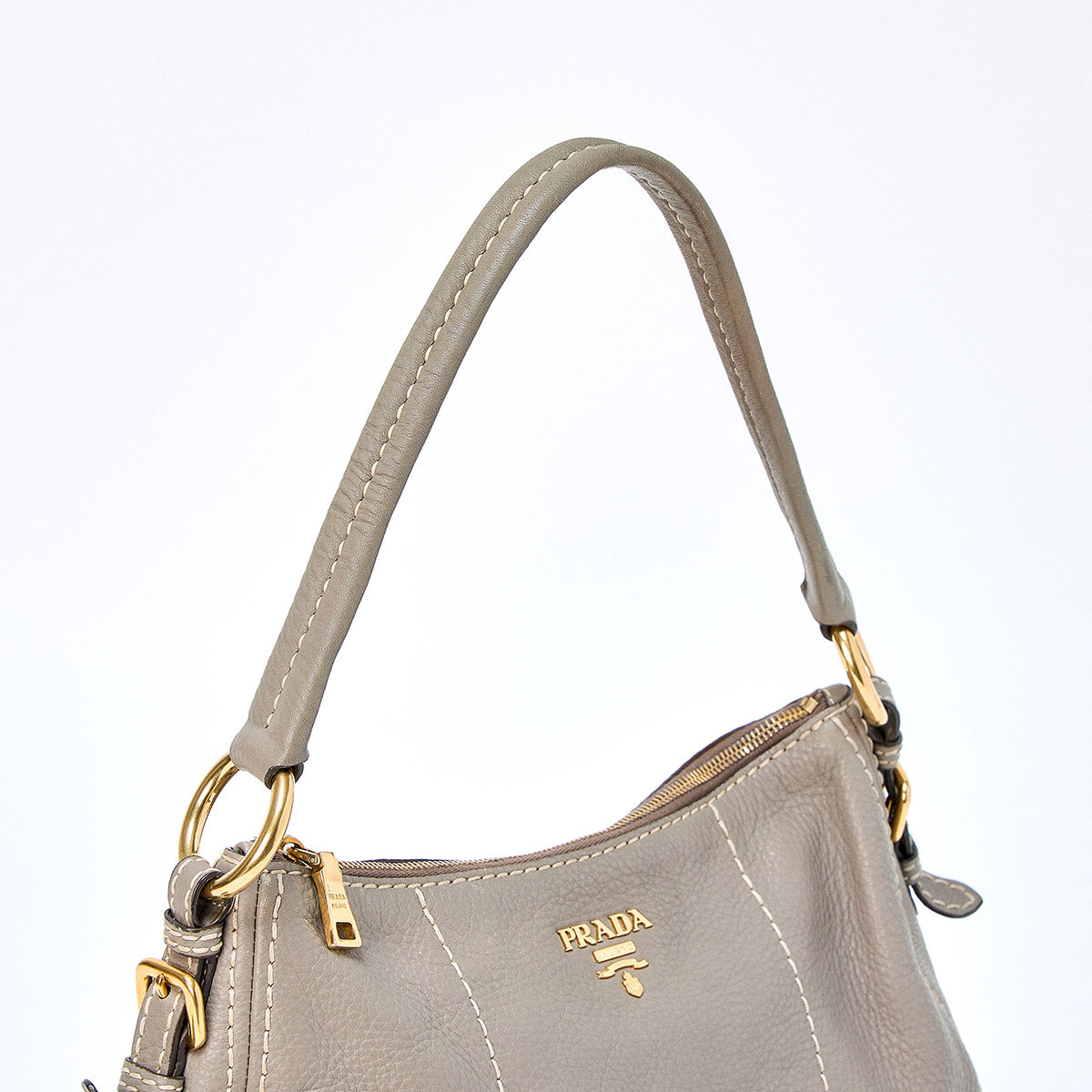 PRADA Logo Shoulder Bag BR4690 Greige Gold Leather Auth