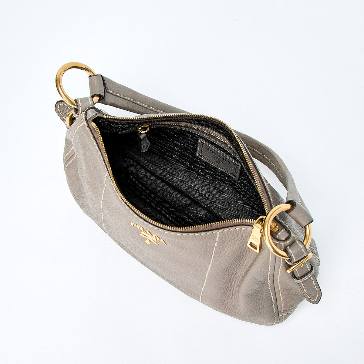 PRADA Logo Shoulder Bag BR4690 Greige Gold Leather Auth