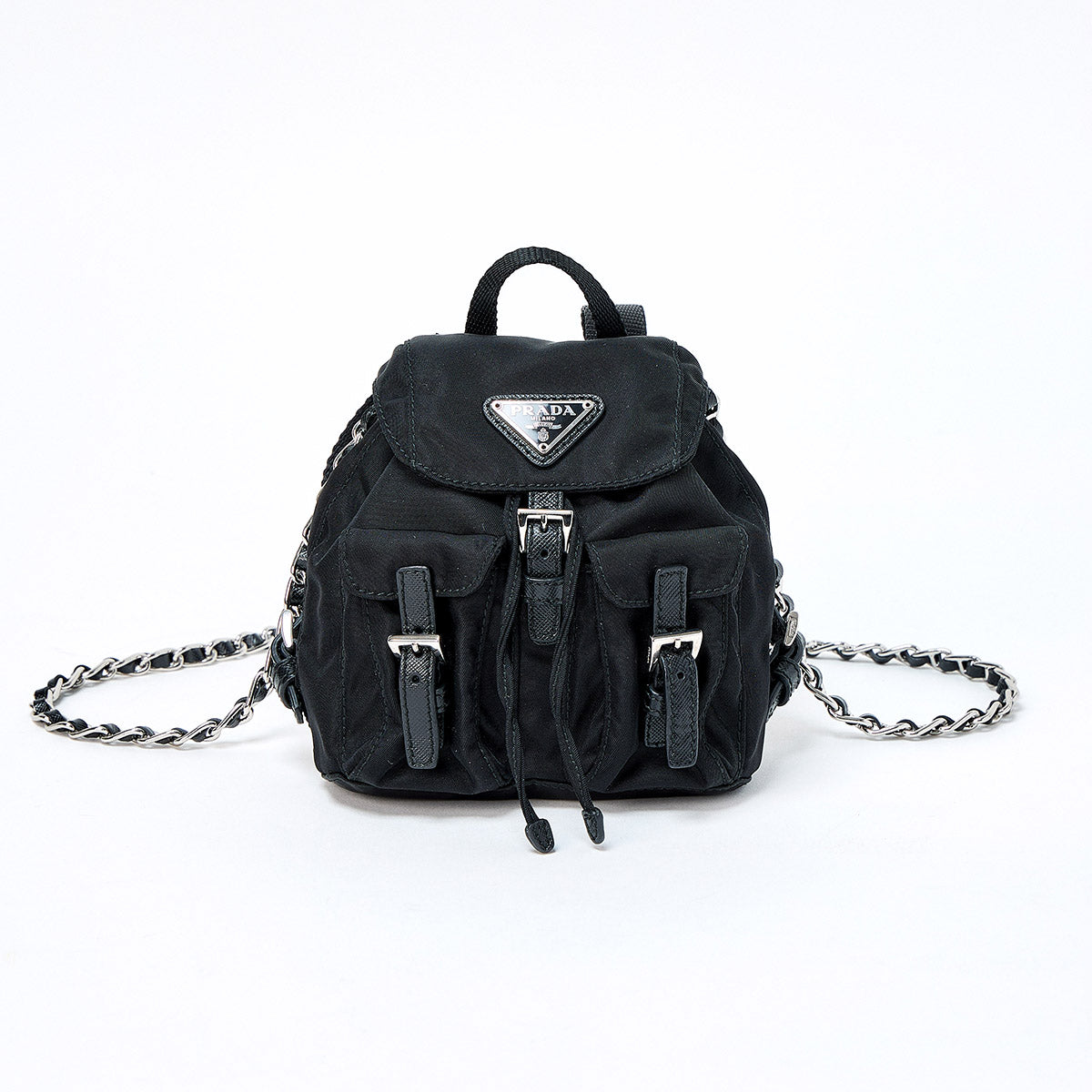 PRADA Triangle Shoulder Bag Black Silver Tessuto Auth