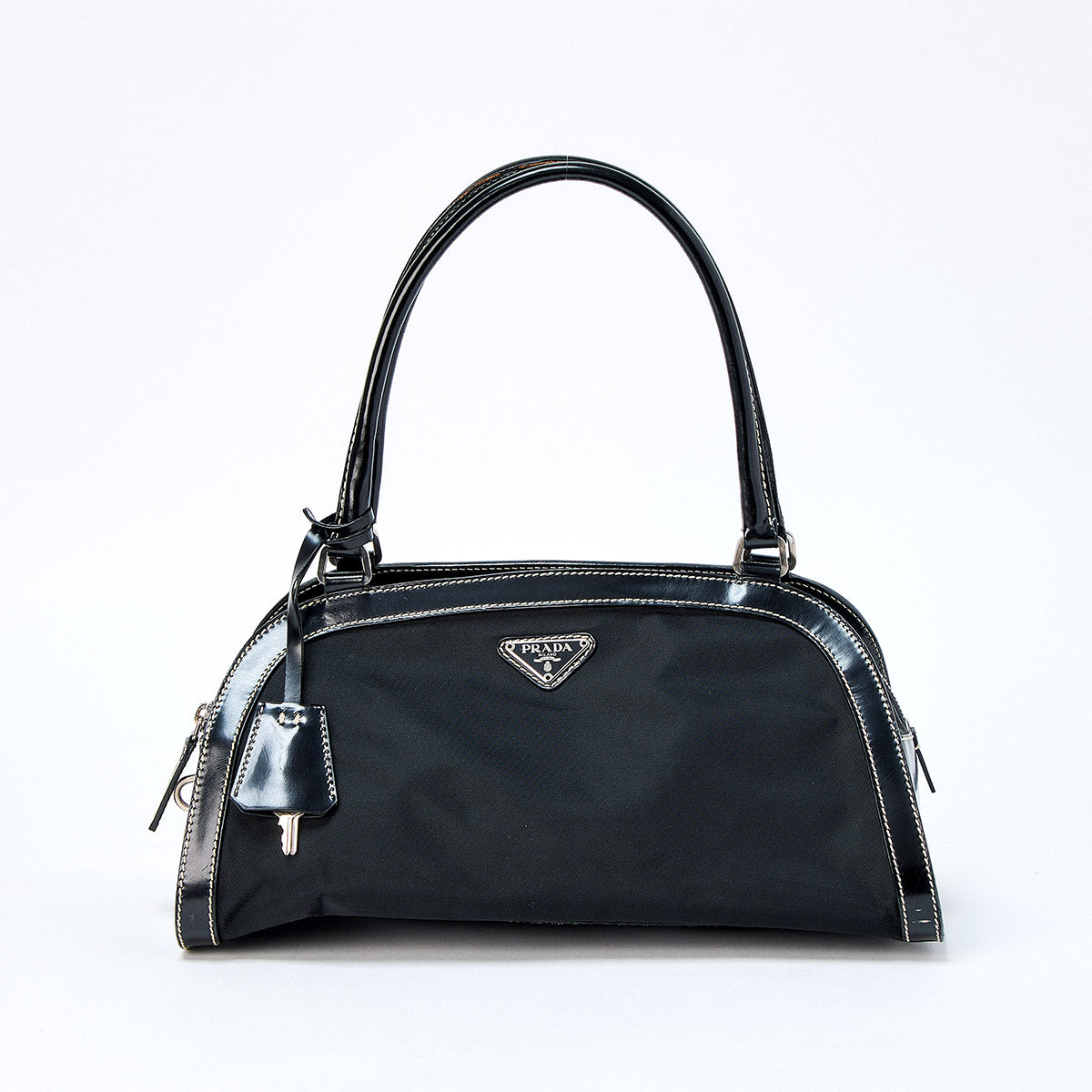 PRADA Triangle Shoulder Bag Black Silver Tessuto Auth