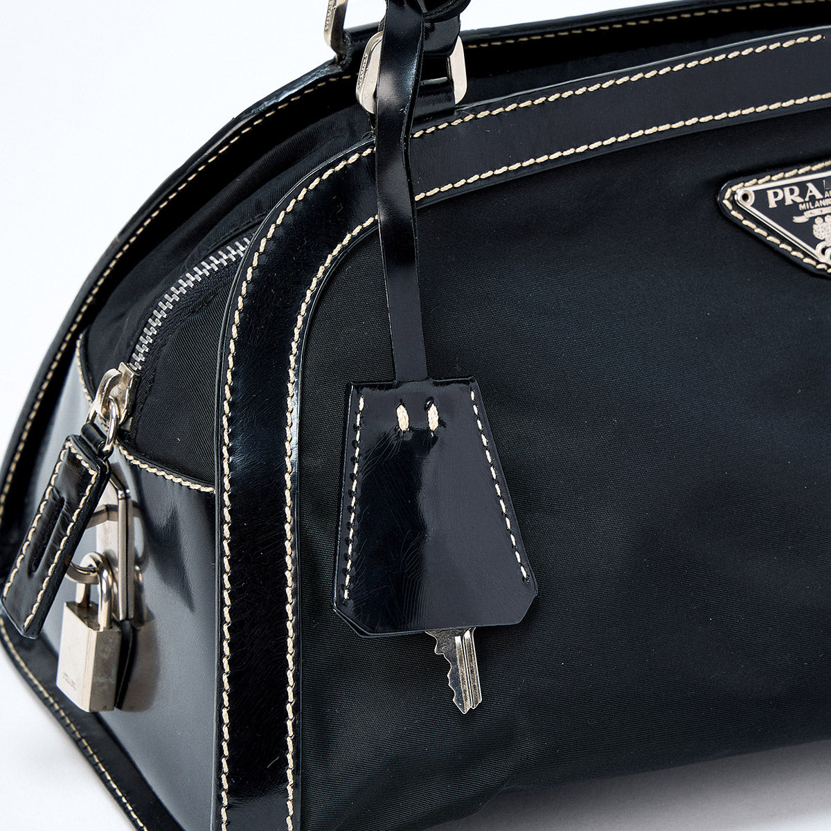 PRADA Triangle Shoulder Bag Black Silver Tessuto Auth