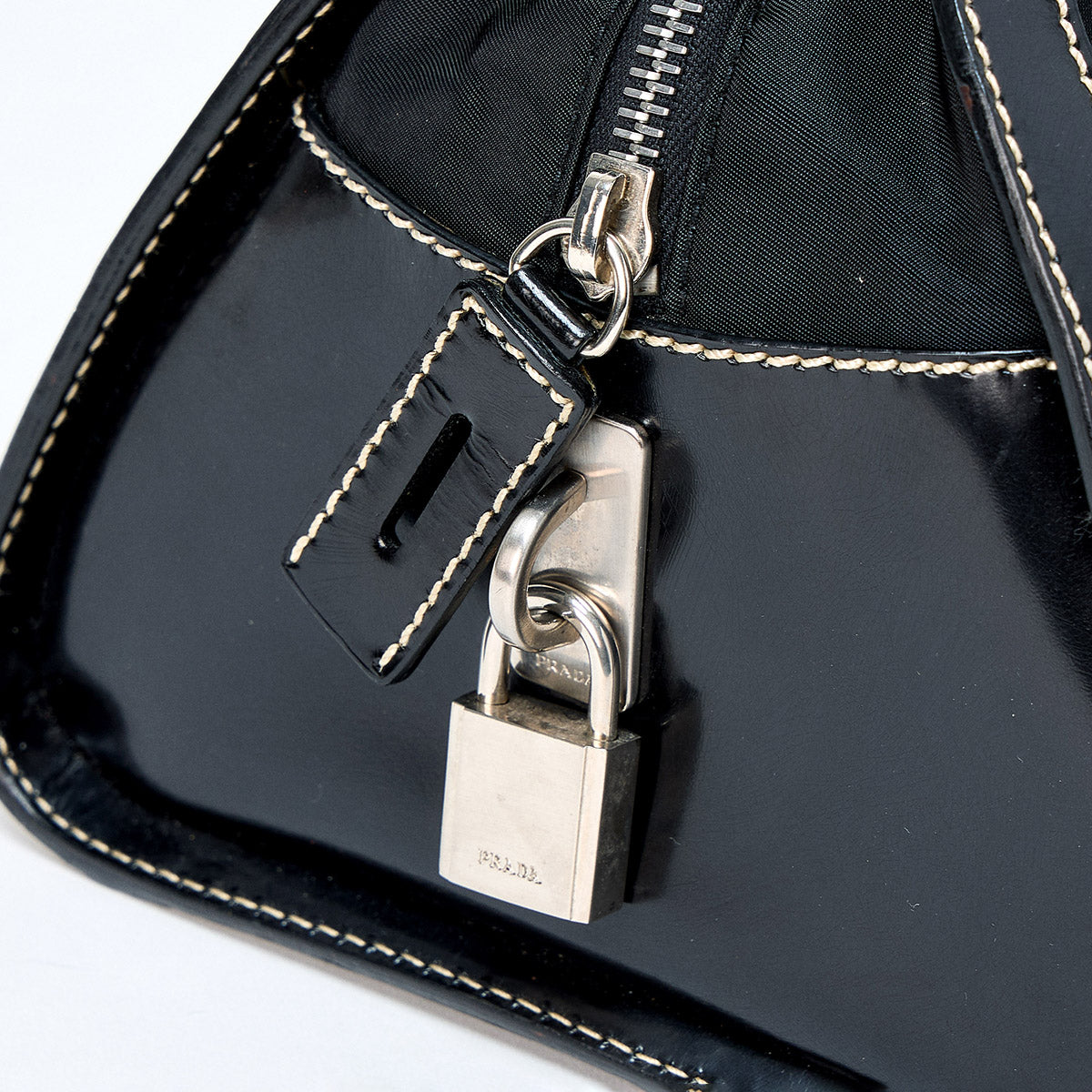 PRADA Triangle Shoulder Bag Black Silver Tessuto Auth