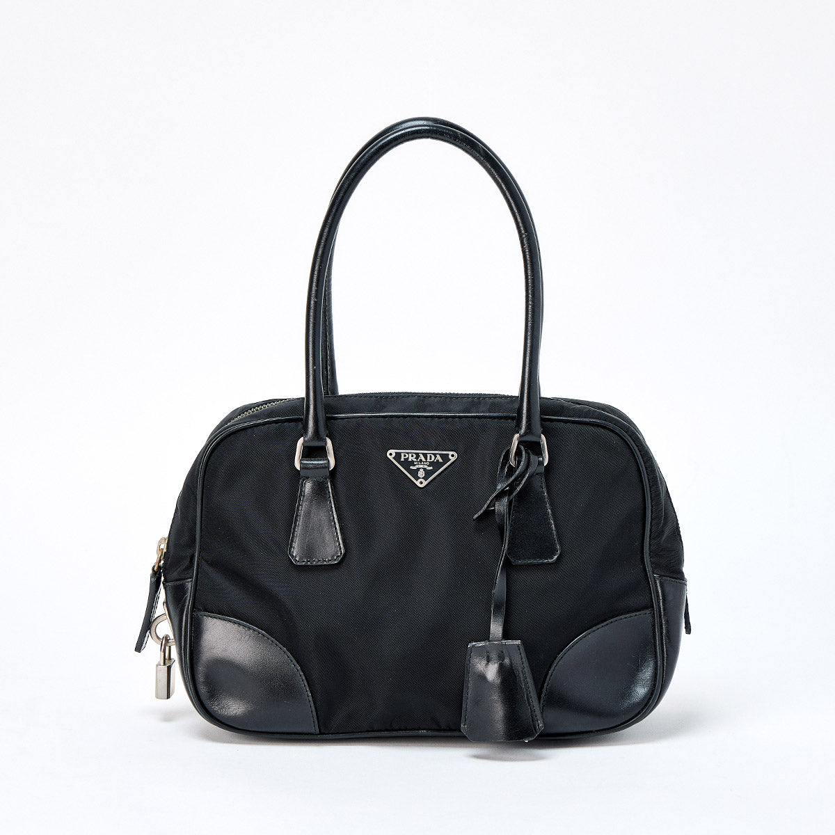 PRADA Triangle Hand Bag Black Silver Tessuto Auth