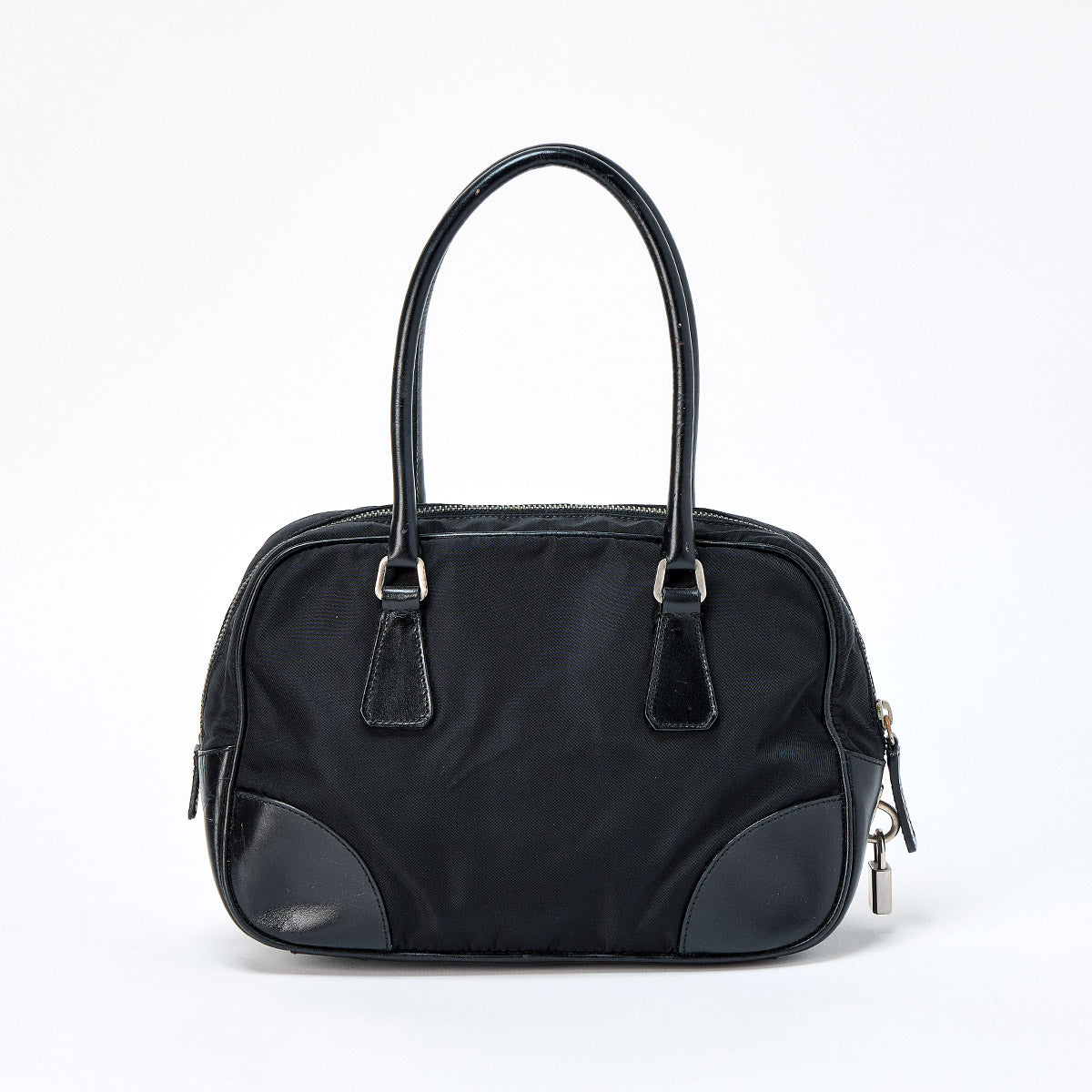 PRADA Triangle Hand Bag Black Silver Tessuto Auth