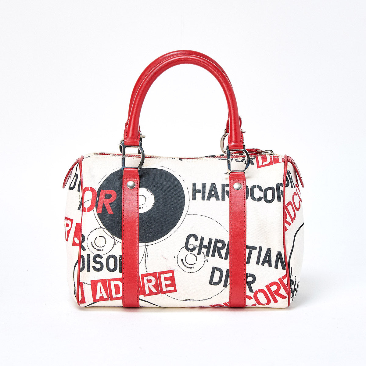 Christian Dior John Galliano Hardcore Hand Bag Red White Silver Canvas Auth