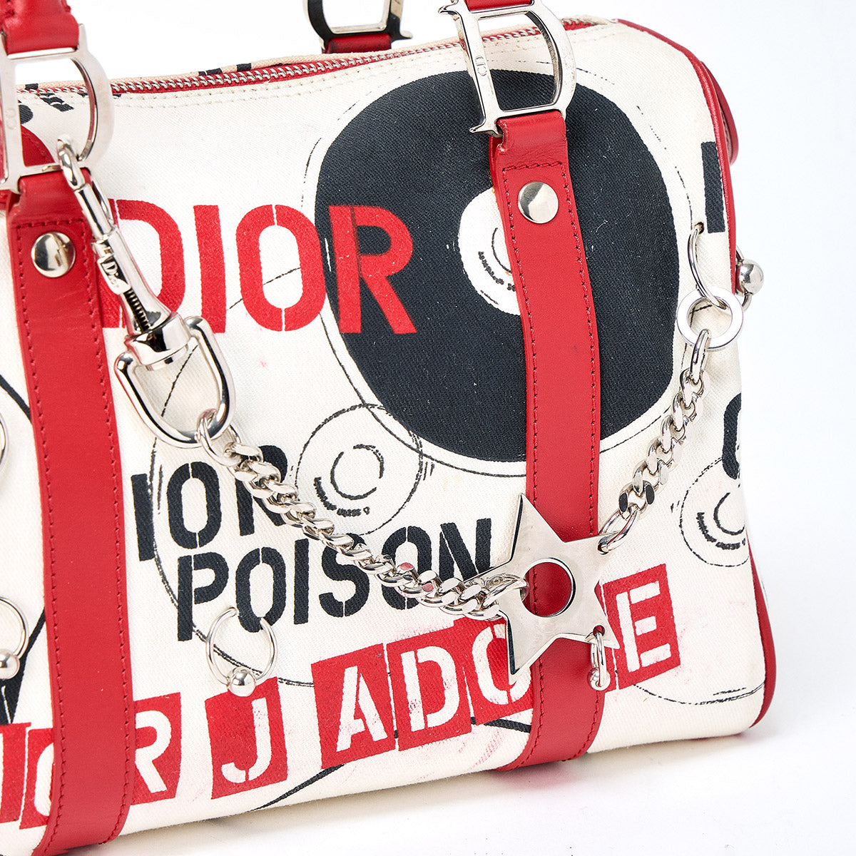 Christian Dior John Galliano Hardcore Hand Bag Red White Silver Canvas Auth