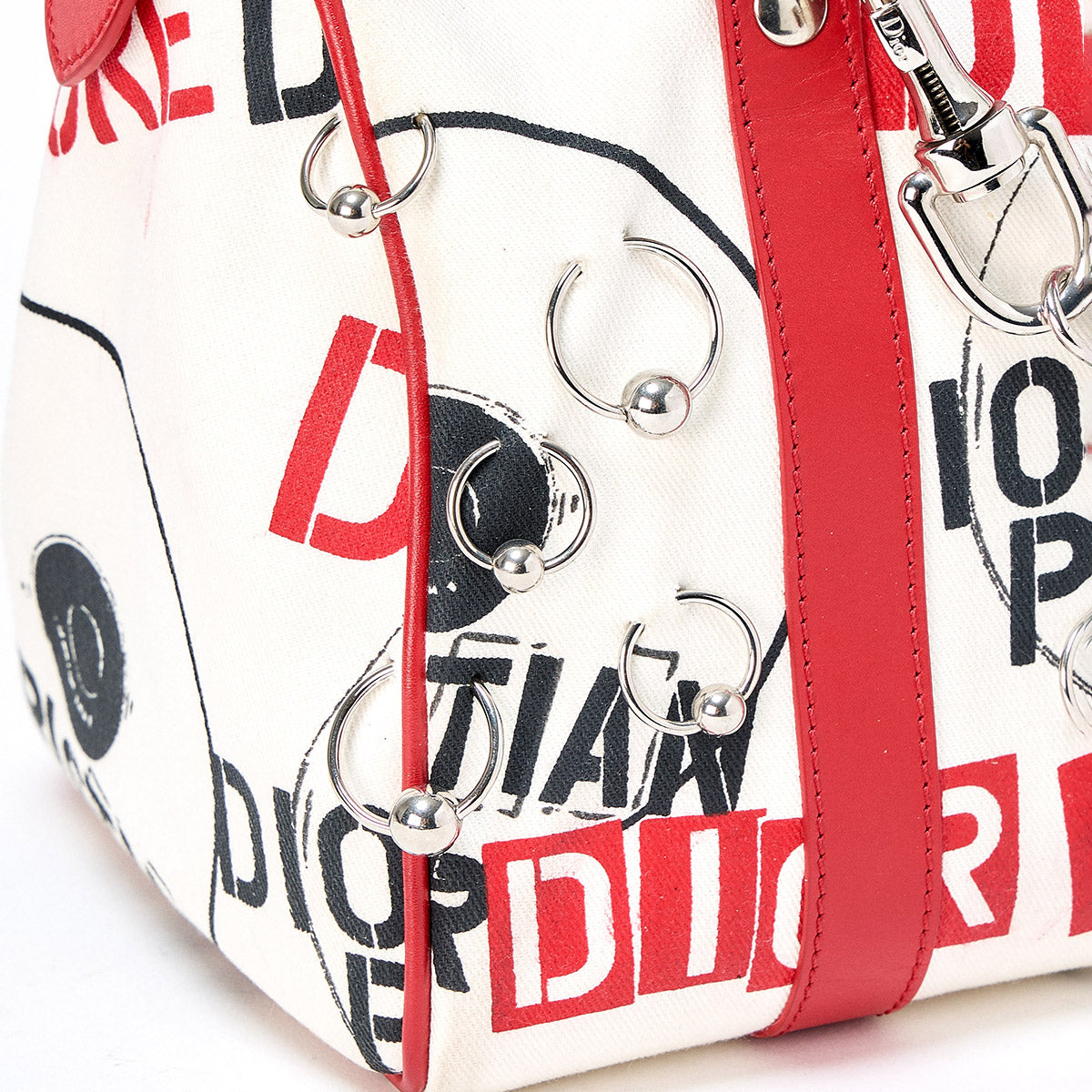 Christian Dior John Galliano Hardcore Hand Bag Red White Silver Canvas Auth